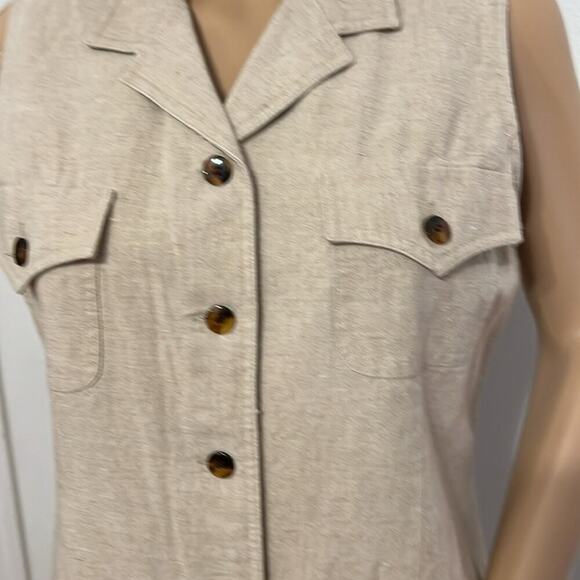 VTG Talbots Size 10P Tan Linen Blend Tortoise Button Front Midi Dress Vest - Picture 3 of 10